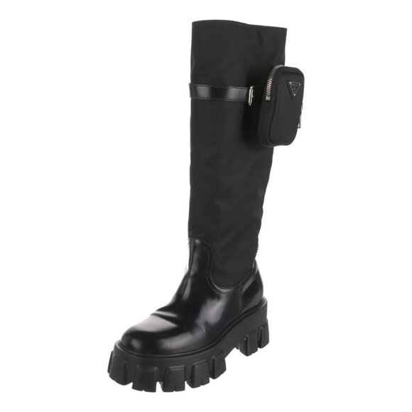 PRADA Monolith Re Nylon Gabardine Knee High Boots With Pouch Size 7 Black Punk - Picture 1 of 9
